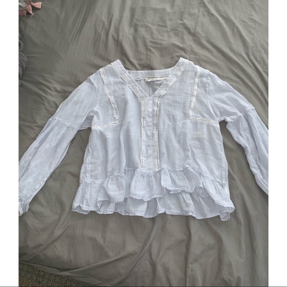 GAP Tops - GAP long sleeve blouse Light Blue Striped Open Lace Detailing Ruffles XL Boho